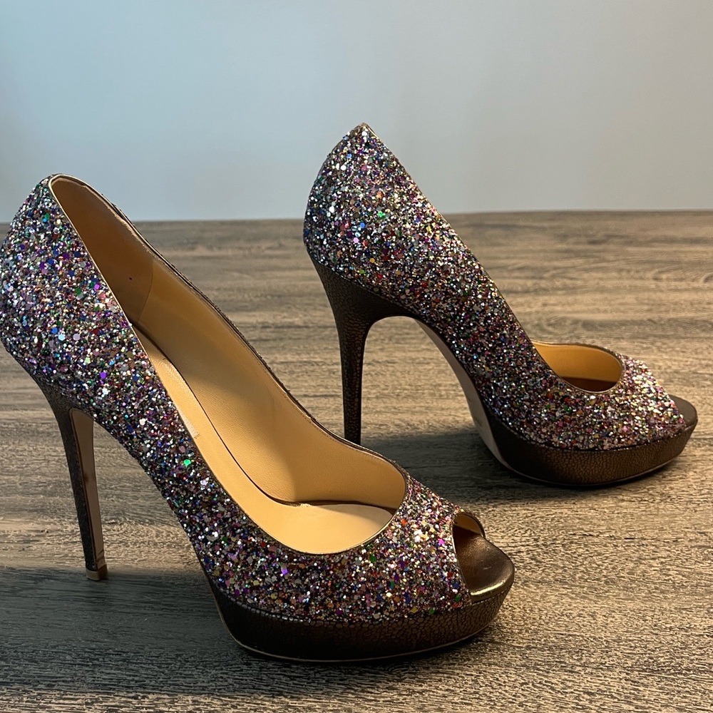 JIMMY CHOO coarse glitter fabric multicolor platform heels.